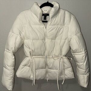 Forever 21 Off White Cinch Tie Waist Dual Zipper Quilted Puffer Coat Jacket